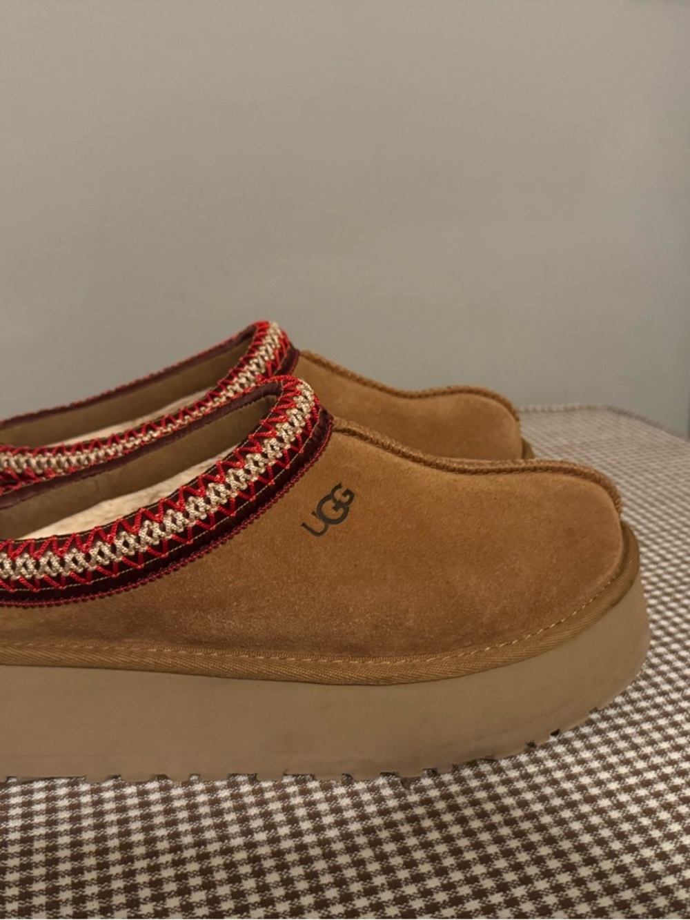 UGG Chestnut Suede Slip-On Mules with Red and Cream Trim
